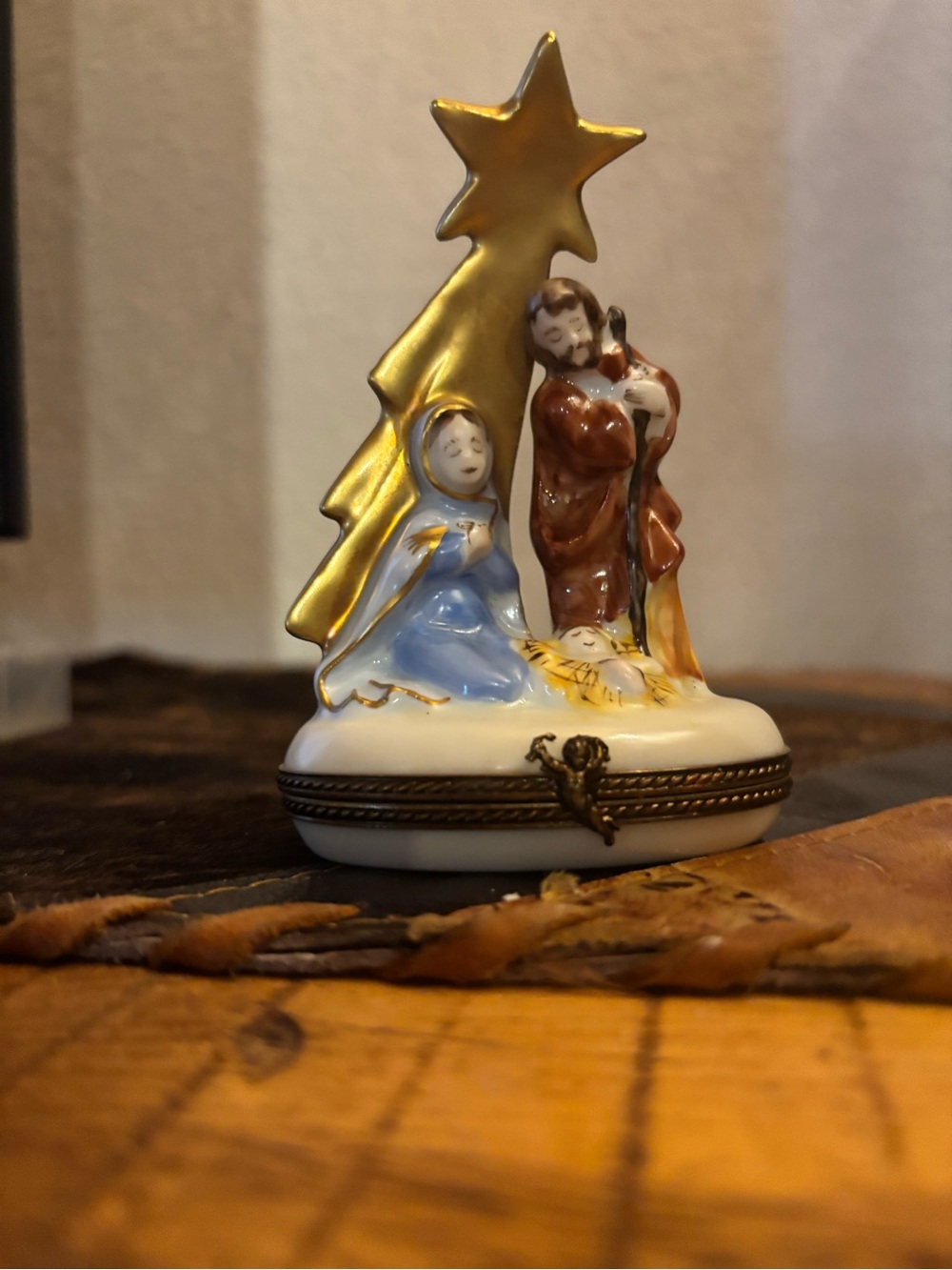 Limoges Porcelain Nativity Figurine Limoges Box - Gold Star, Blue and Brown